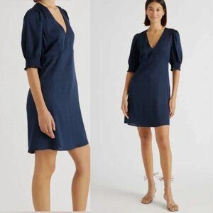 NWOT - Quince - Washable Stretch Silk Puff Sleeve Mini Dress | Navy Blue: Medium